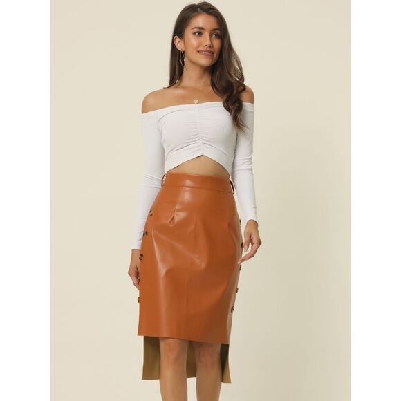 High Low Skirt Belted High Waist Side Button Decor Leather Skirt Caramel - Picture 3 of 6